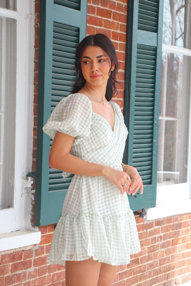 Daydreamer Gingham Puff Sleeve Dress Sage