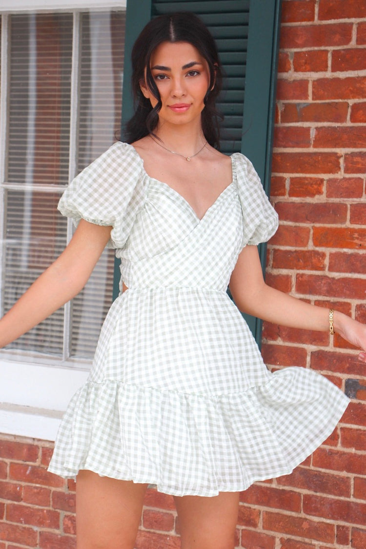Daydreamer Gingham Puff Sleeve Dress Sage