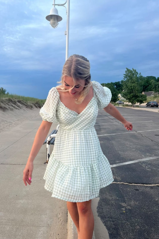 Daydreamer Gingham Puff Sleeve Dress Sage