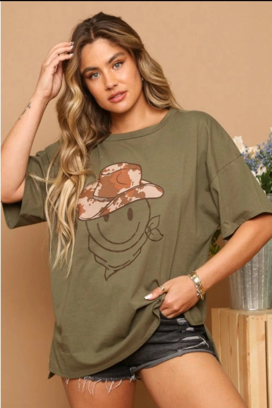 Smiley Face Graphic Tee Olive