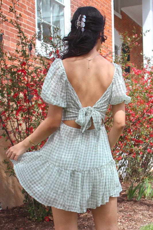 Daydreamer Gingham Puff Sleeve Dress Sage