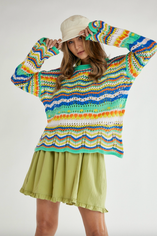 Nina Multi Color Wave Pattern Sweater Green