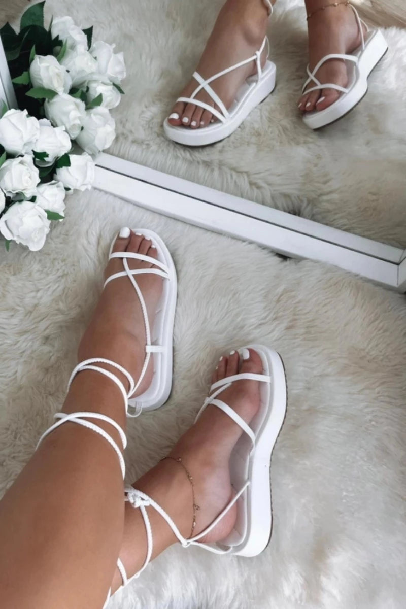 Sidney Lace Up Wedge Sandal White shorelo